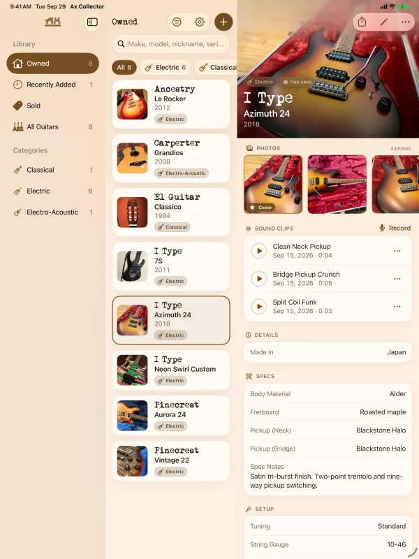 Ax Collector collection list on iPad