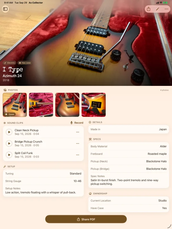 Ax Collector guitar page with photos and sound clips on iPad